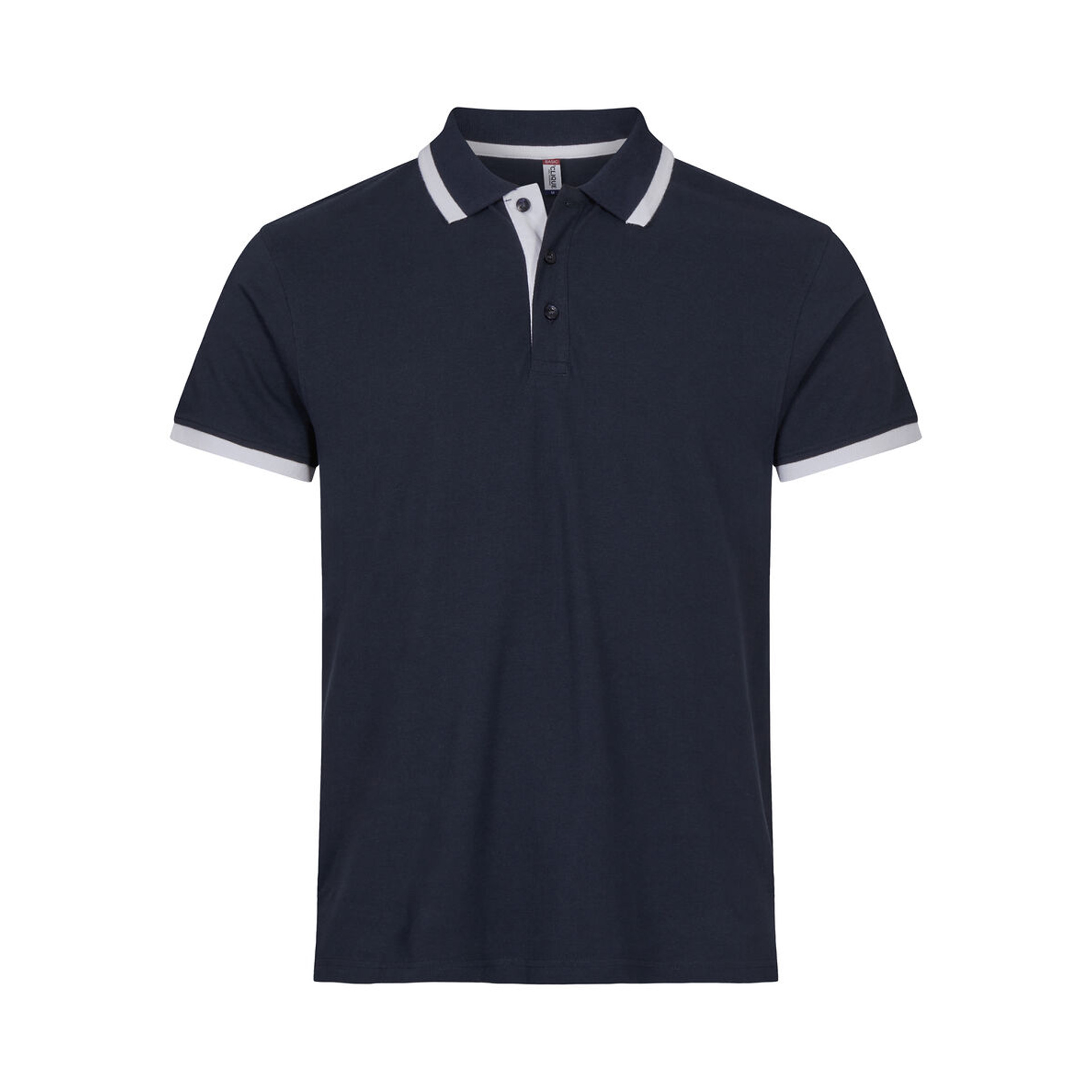 Poloshirt Herren Austin in Dunkelmarine mit Kontraststreifen, Vorderansicht