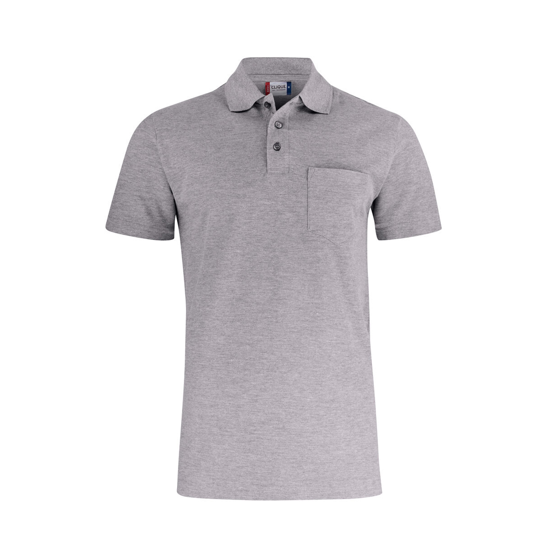 Unisex Poloshirt Basic Polo Pocket in Graumeliert mit Brusttasche, Vorderansicht