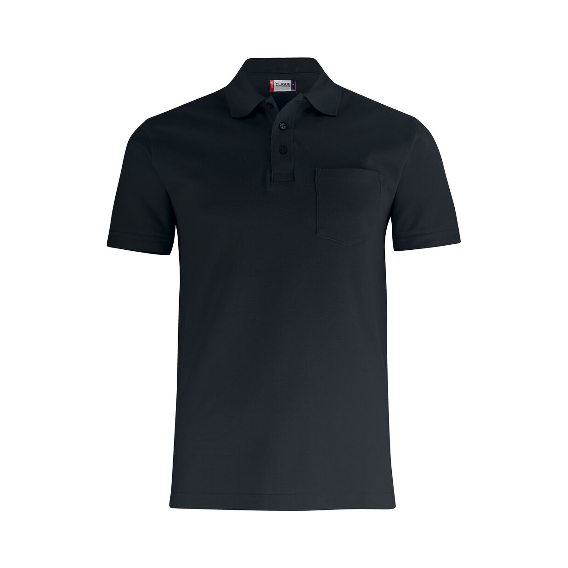 Unisex Poloshirt Basic Polo Pocket in Schwarz mit Brusttasche, Vorderansicht