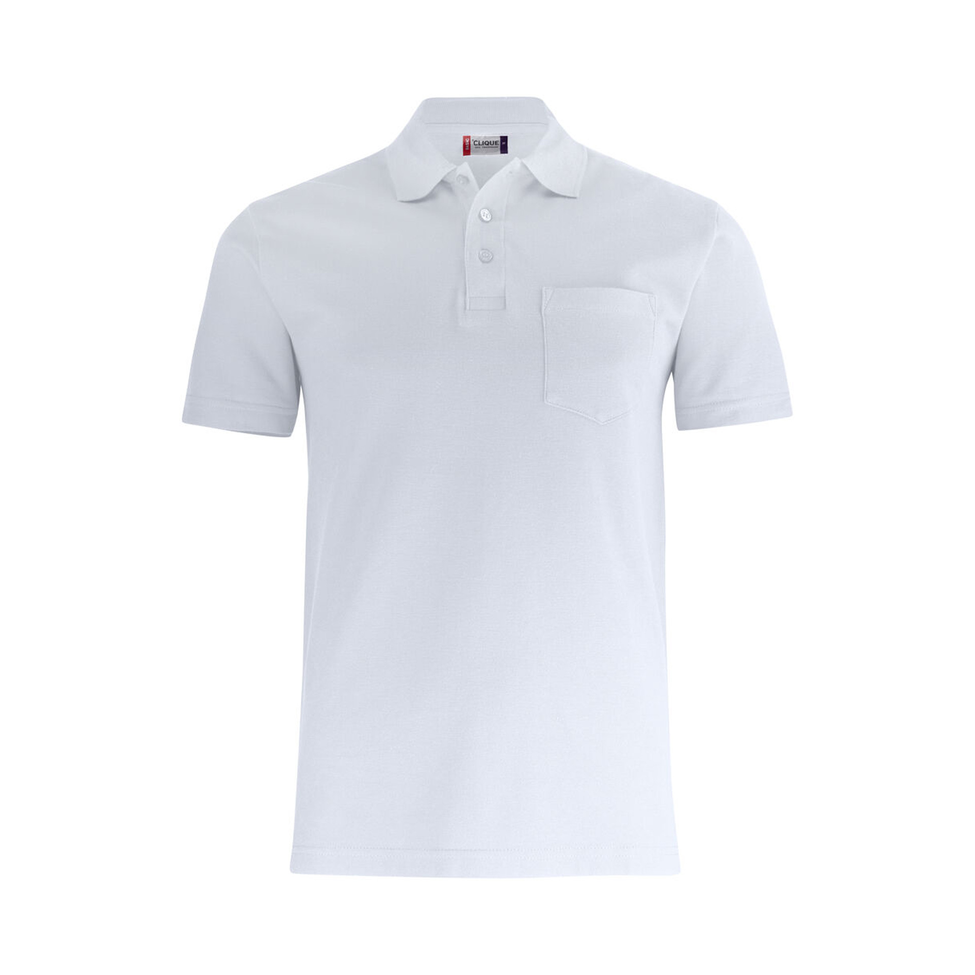 Unisex Poloshirt Basic Polo Pocket in Weiss mit Brusttasche, Vorderansicht